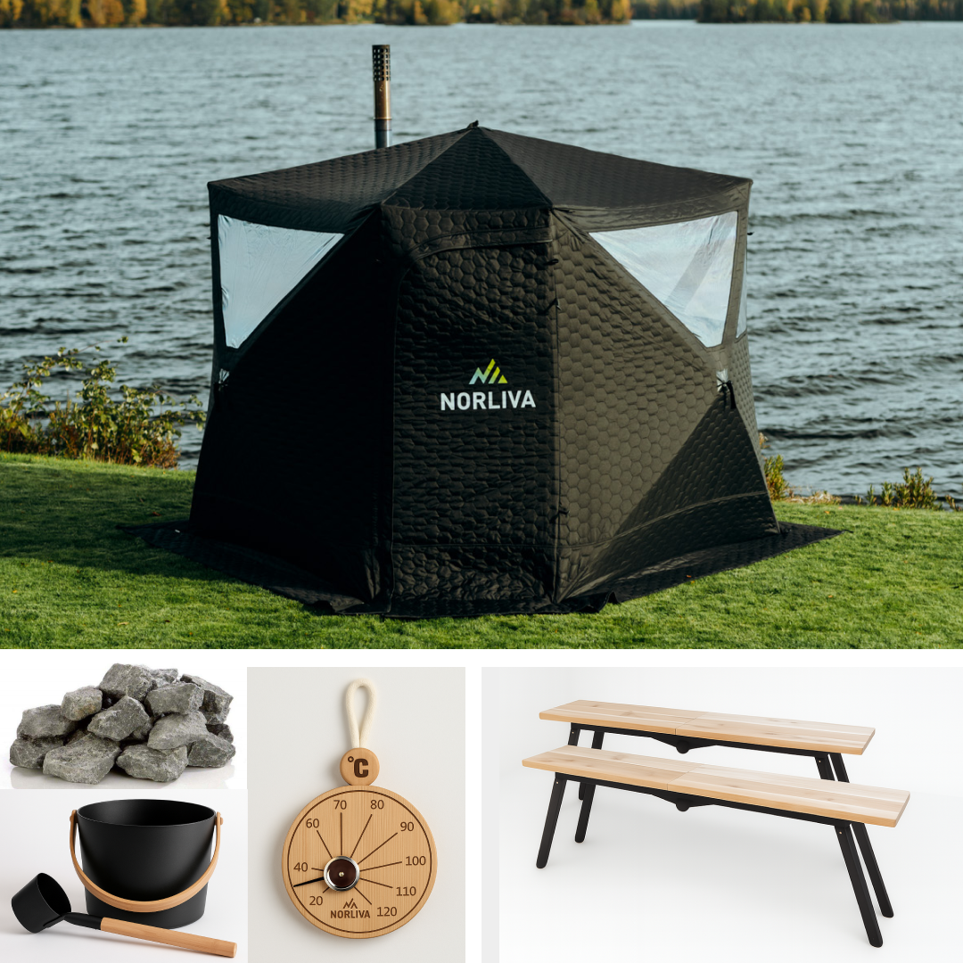 Set: Sauna tent Dalen + stove + benches + ice tub