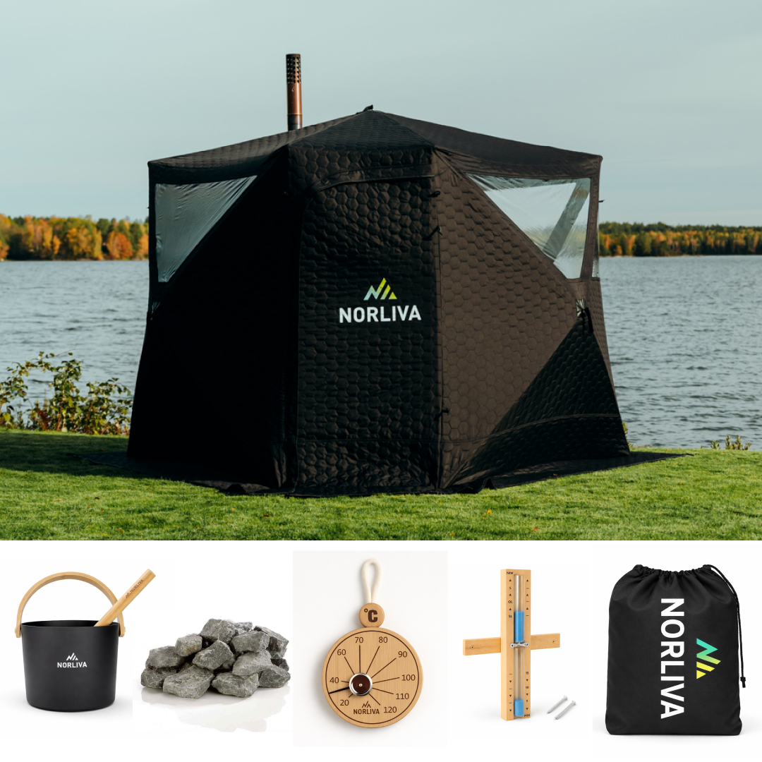 Set: Saunazelt Dalen 3.0 + Ofen + Sauna-Zubehör + Regenschutz