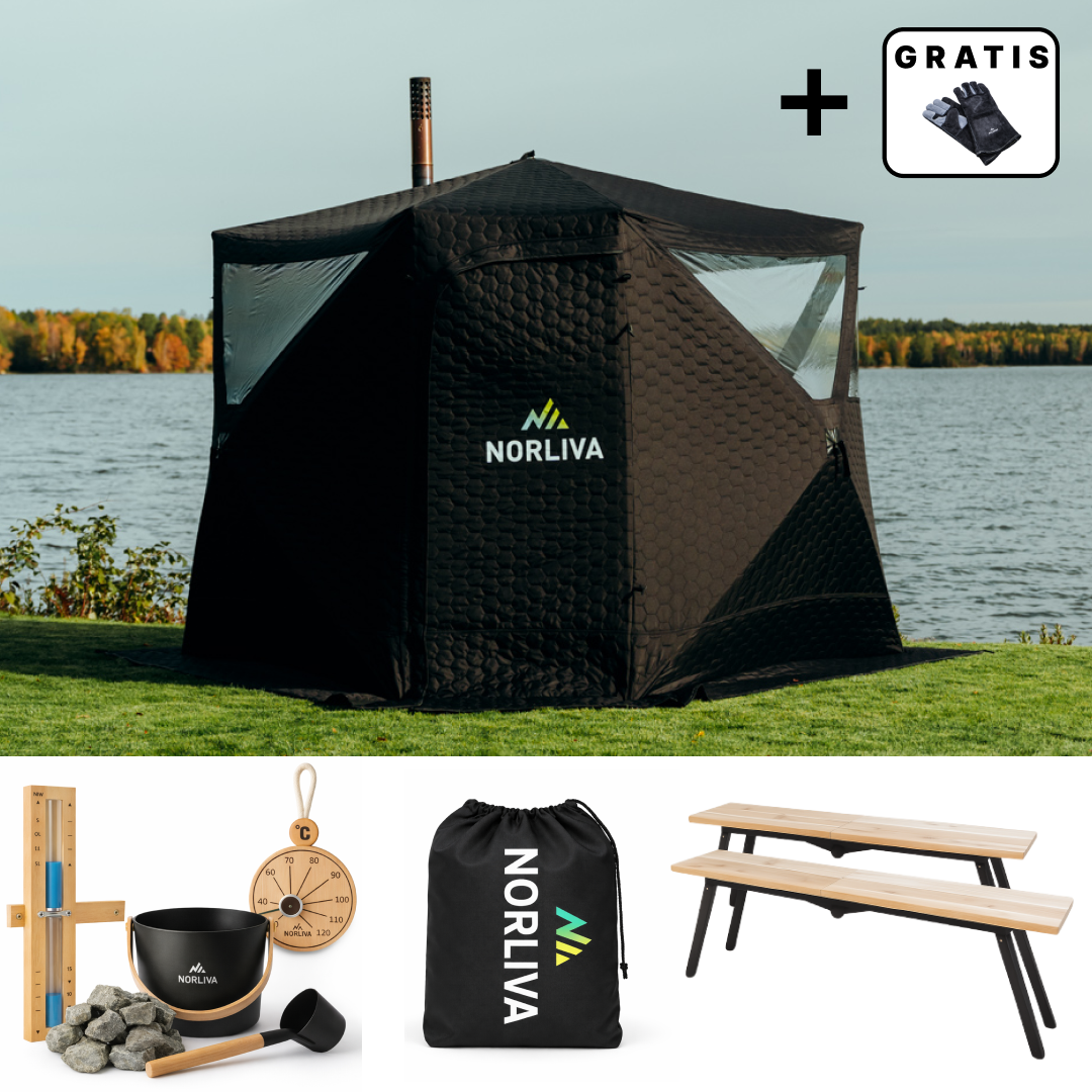 Set: Sauna Tent Dalen 3.0 + Stove + Sauna Accessories + Rain Protection + Benches