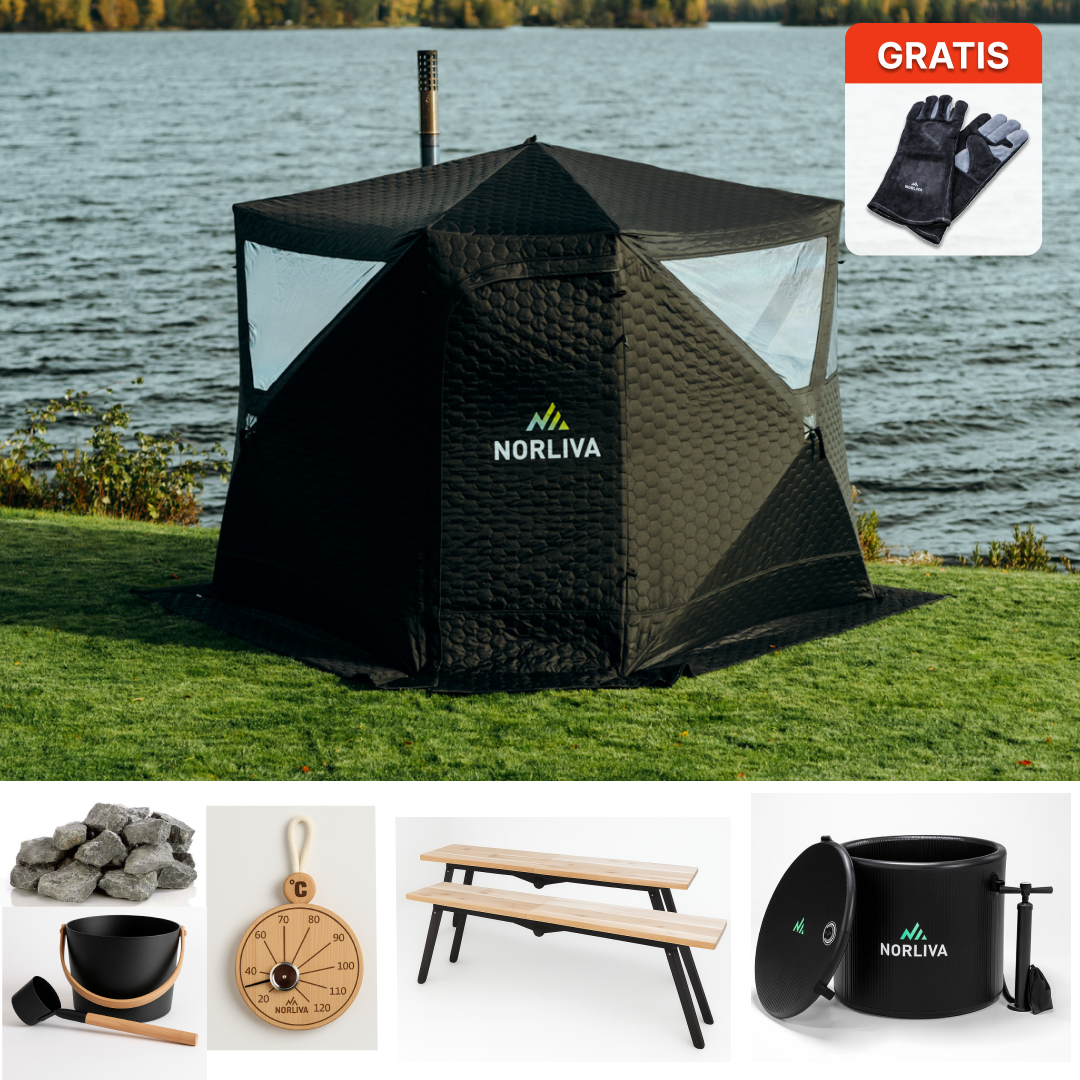 Set: sauna tent Dalen + stove + sauna accessories + ice tub