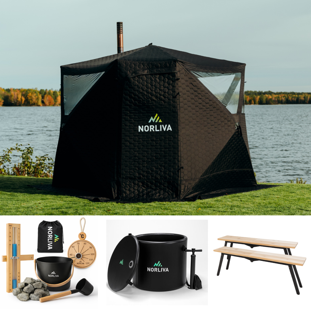 Set: Saunazelt Dalen 3.0 + Ofen + Sauna-Zubehör + Regenschutz + Bänke + Eistonne