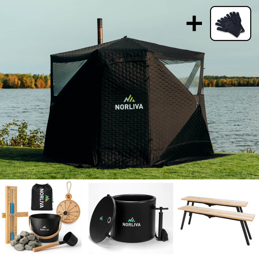 Set: Sauna Tent Dalen 2.0 + Stove + Sauna Accessories + Rain Cover + Ice Tub