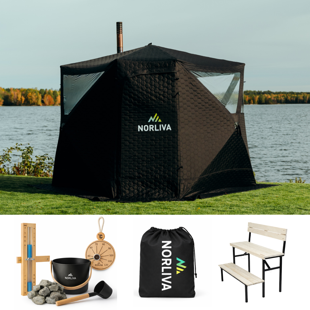 Set: Saunazelt Dalen 3.0 + Ofen + Sauna-Zubehör + Regenschutz + zweistufige Bank