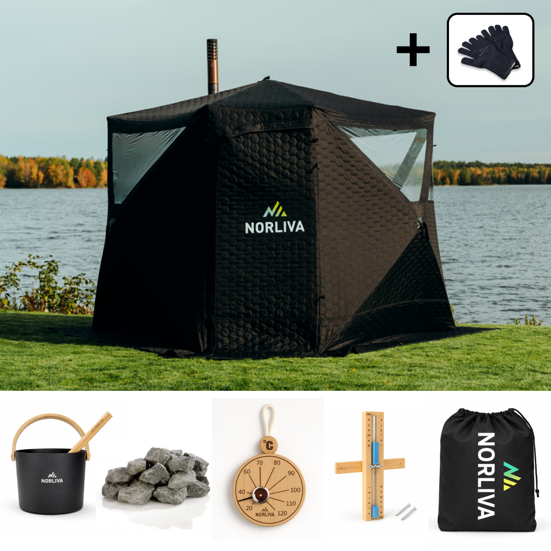 Set: Sauna Tent Dalen 2.0 + Stove + Sauna Accessories + Rain Cover