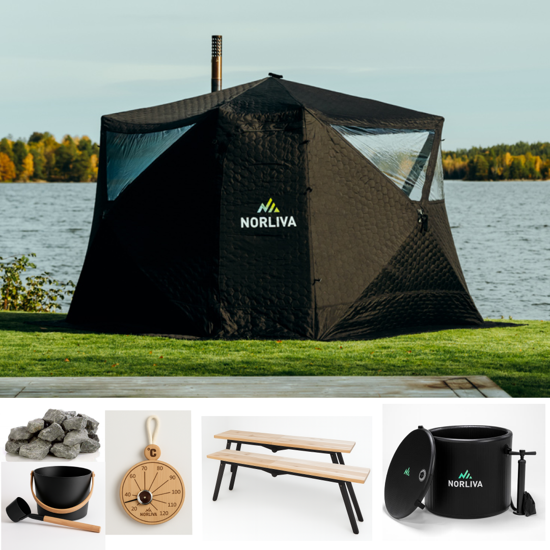 Set: Sauna Tent Fjorden + Stove + Sauna Accessories + Ice Tub