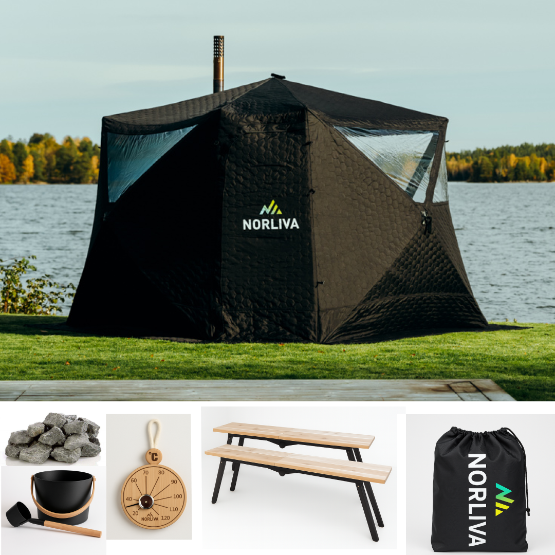 Set: Fjorden sauna tent + stove + benches + ice tub