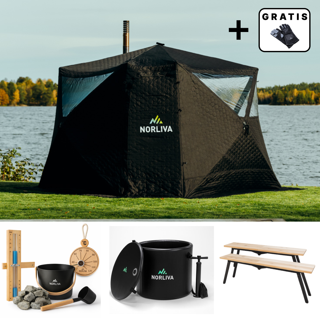 Set: Fjorden Sauna Tent + Stove + Sauna Accessories + Benches + Ice Tub