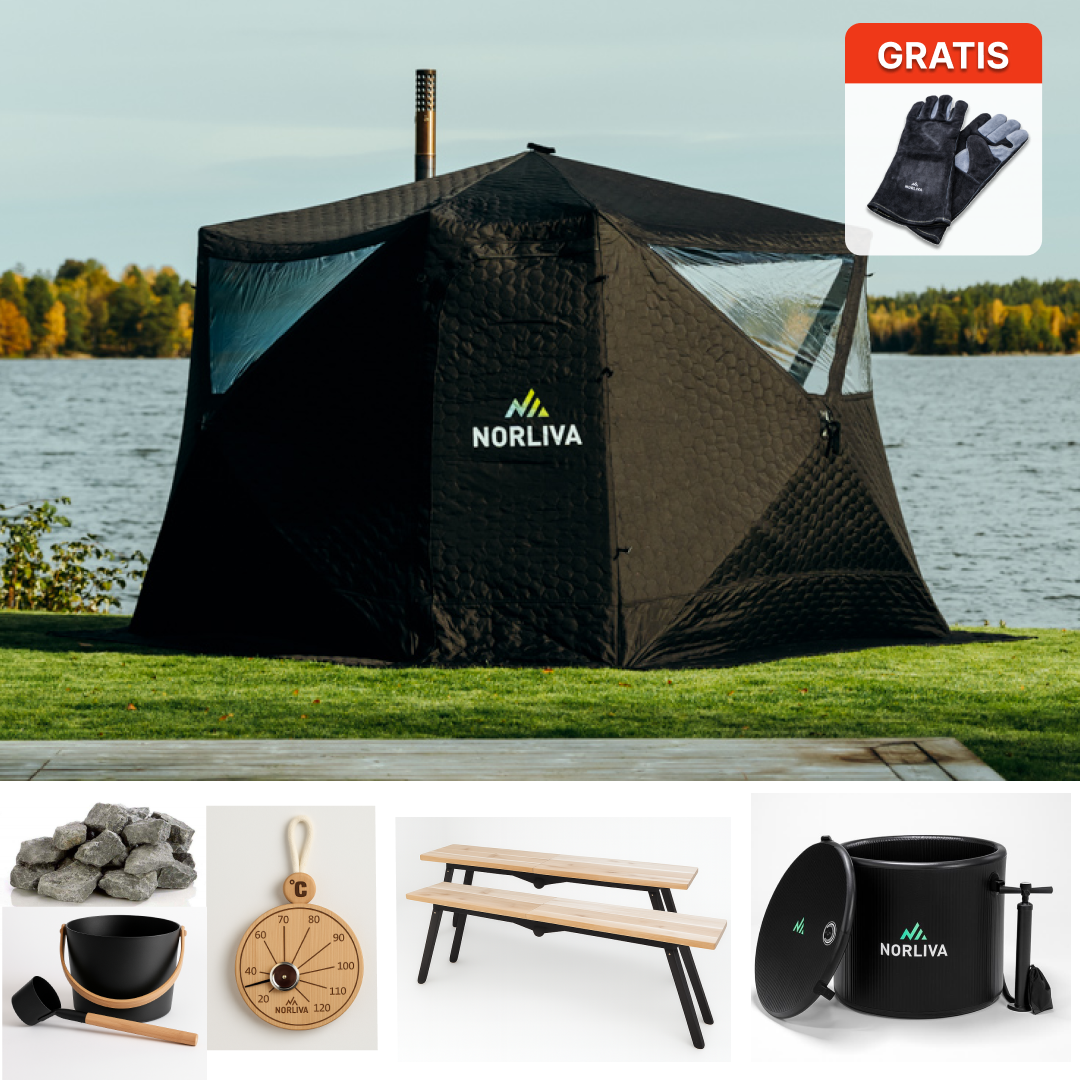Set: Sauna Tent Fjorden + Stove + Sauna Accessories + Ice Tub