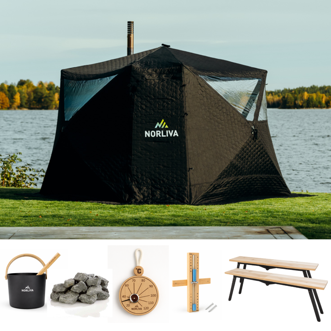 Set: Sauna tent Fjorden + Stove + Sauna accessories + Benches