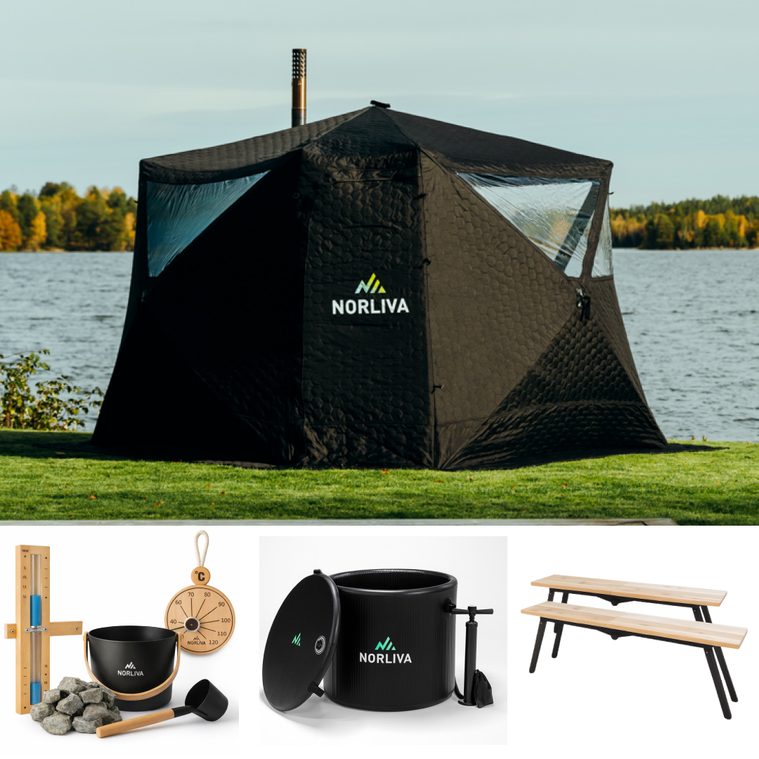 Set: Fjorden Sauna Tent + Stove + Sauna Accessories + Benches + Ice Tub