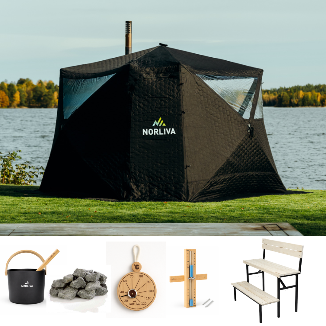 Set: Sauna Tent Fjorden + Stove + Sauna Accessories + Two-Tier Bench