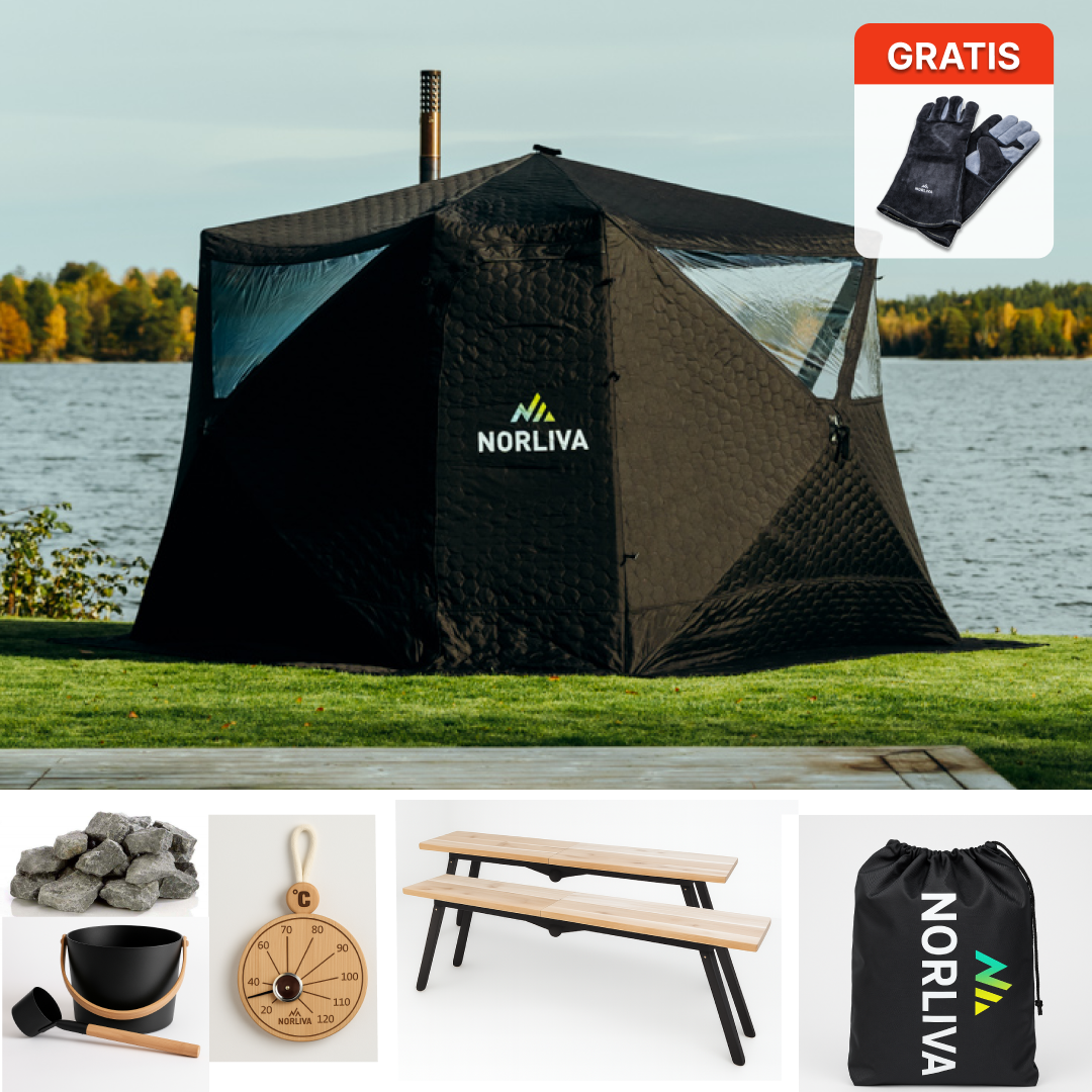 Set: Fjorden sauna tent + stove + benches + ice tub