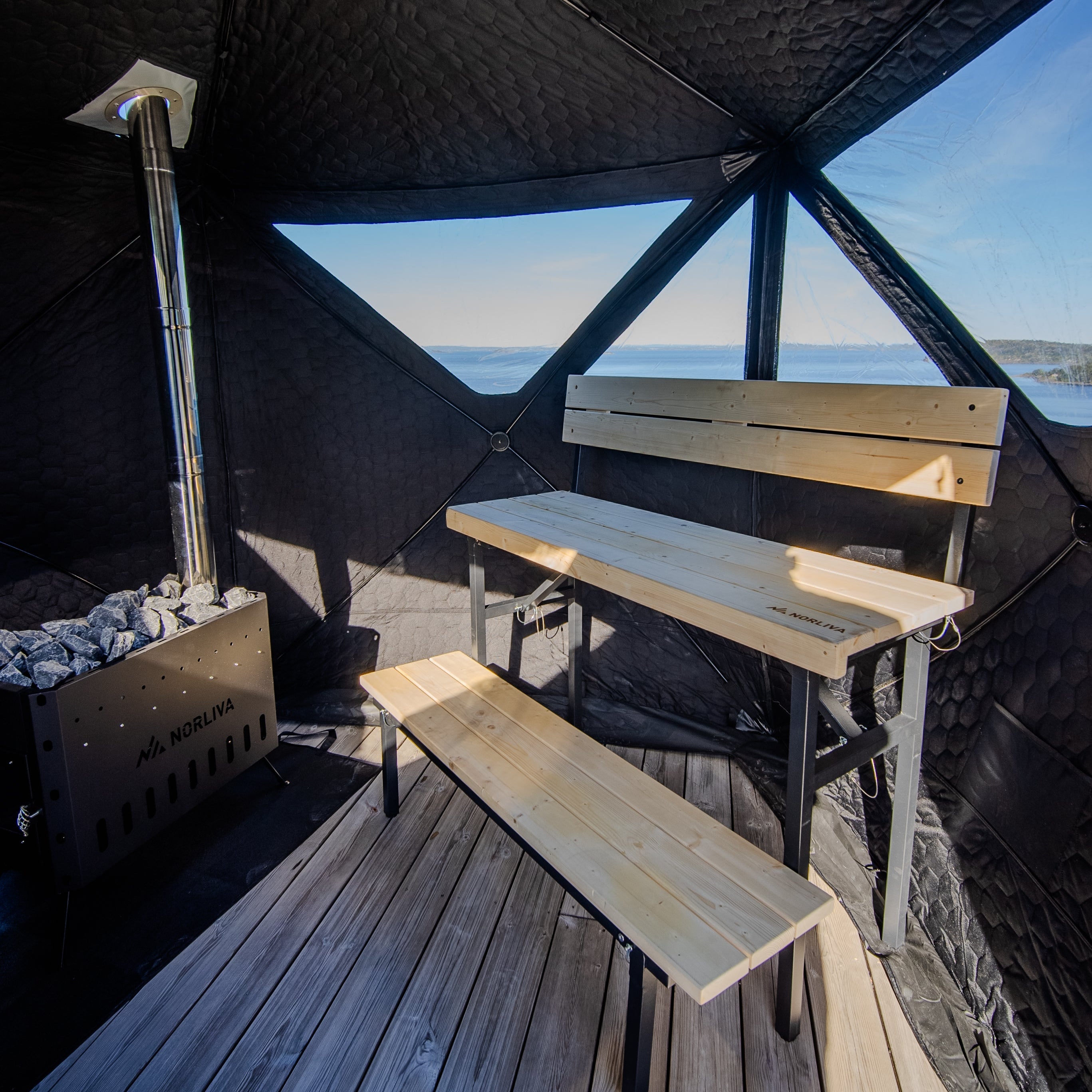 Set: Sauna Tent Dalen 3.0 + Stove + Sauna Accessories + Rain Protection + Two-Tier Bench