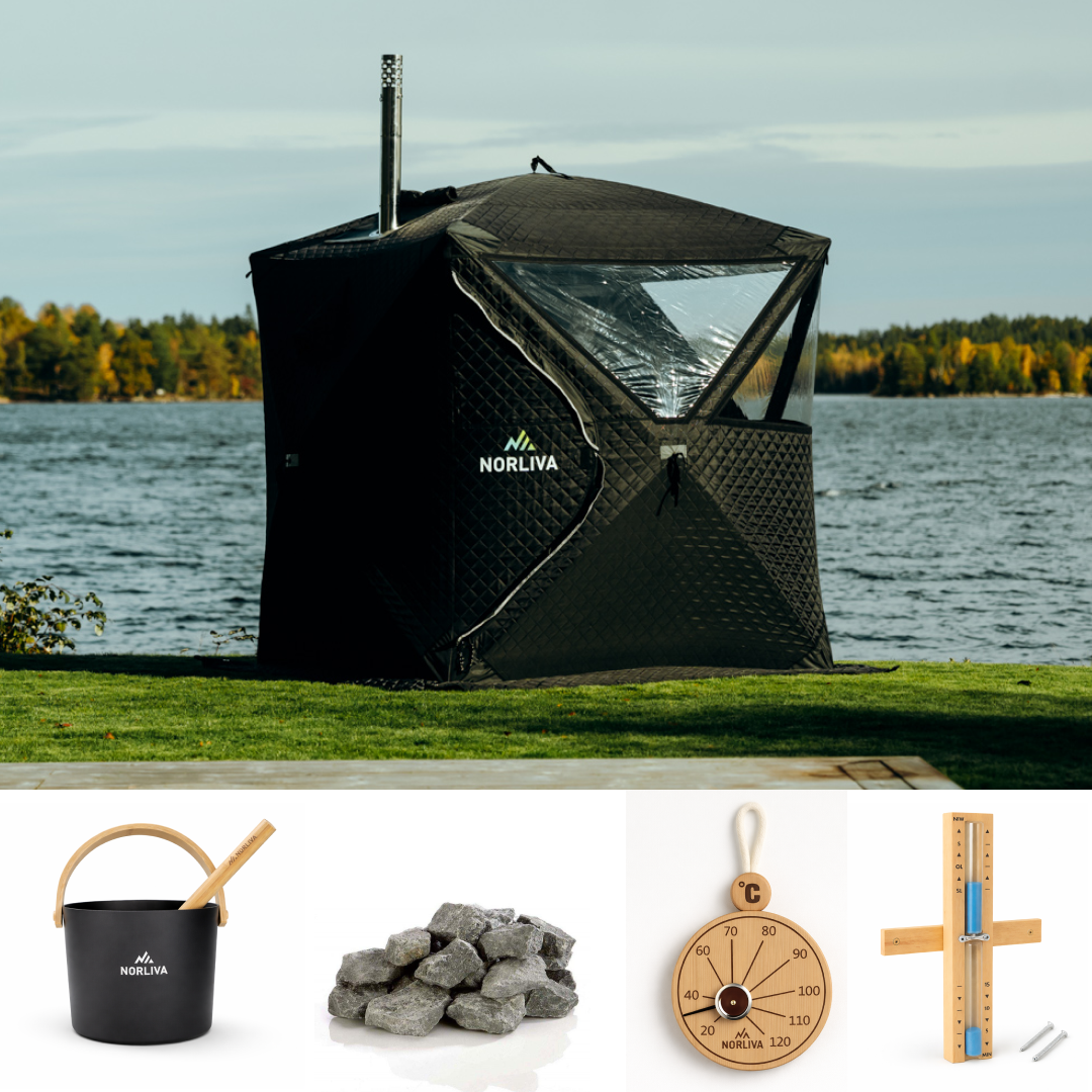Set: Sauna tent Isen 2.0 + stove + sauna accessories