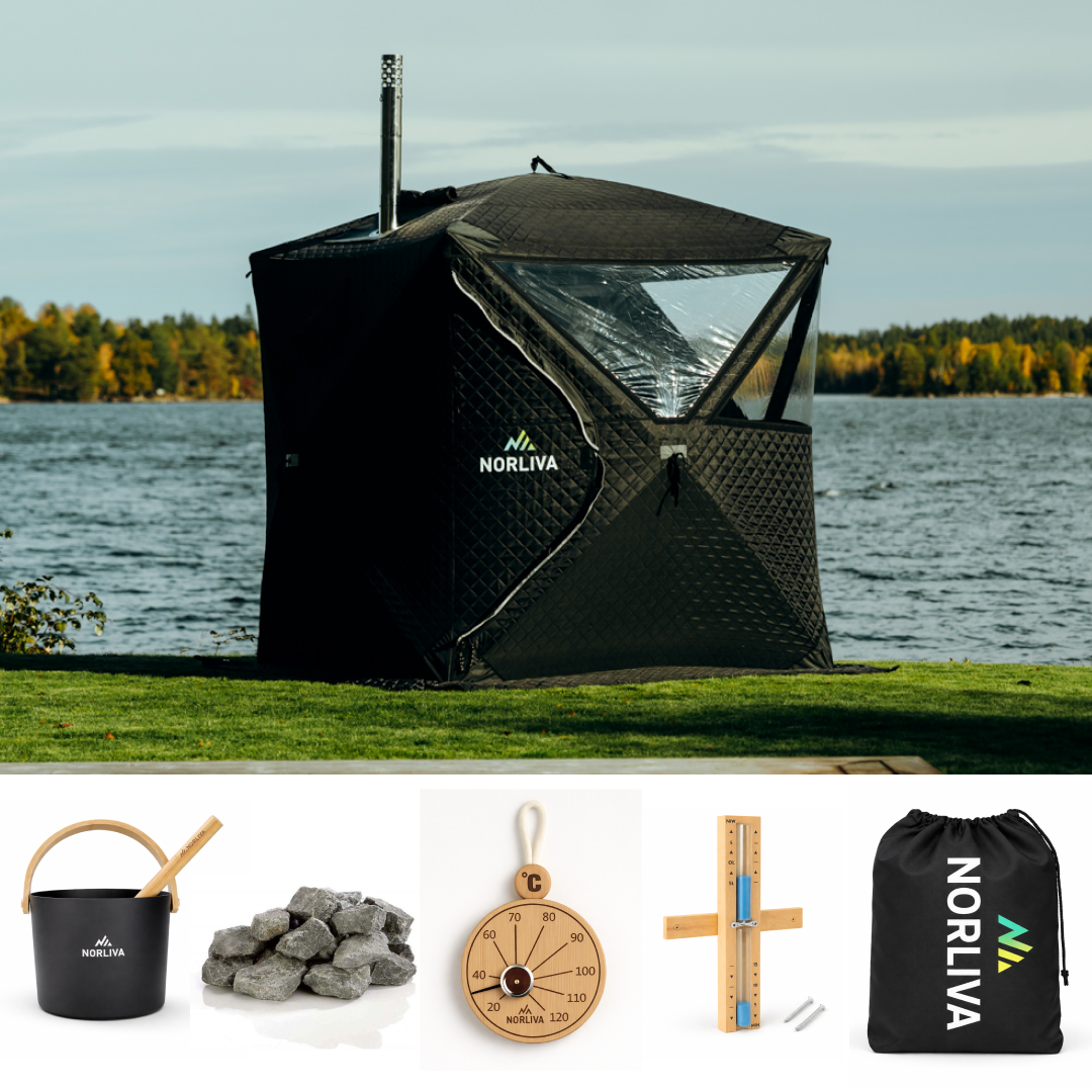 Set: Sauna tent Isen 2.0 + stove + sauna accessories + rain cover
