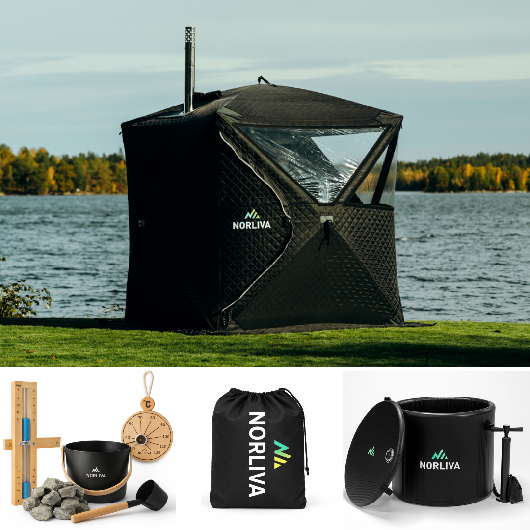 Set: Sauna tent Isen + stove + sauna accessories + ice tub