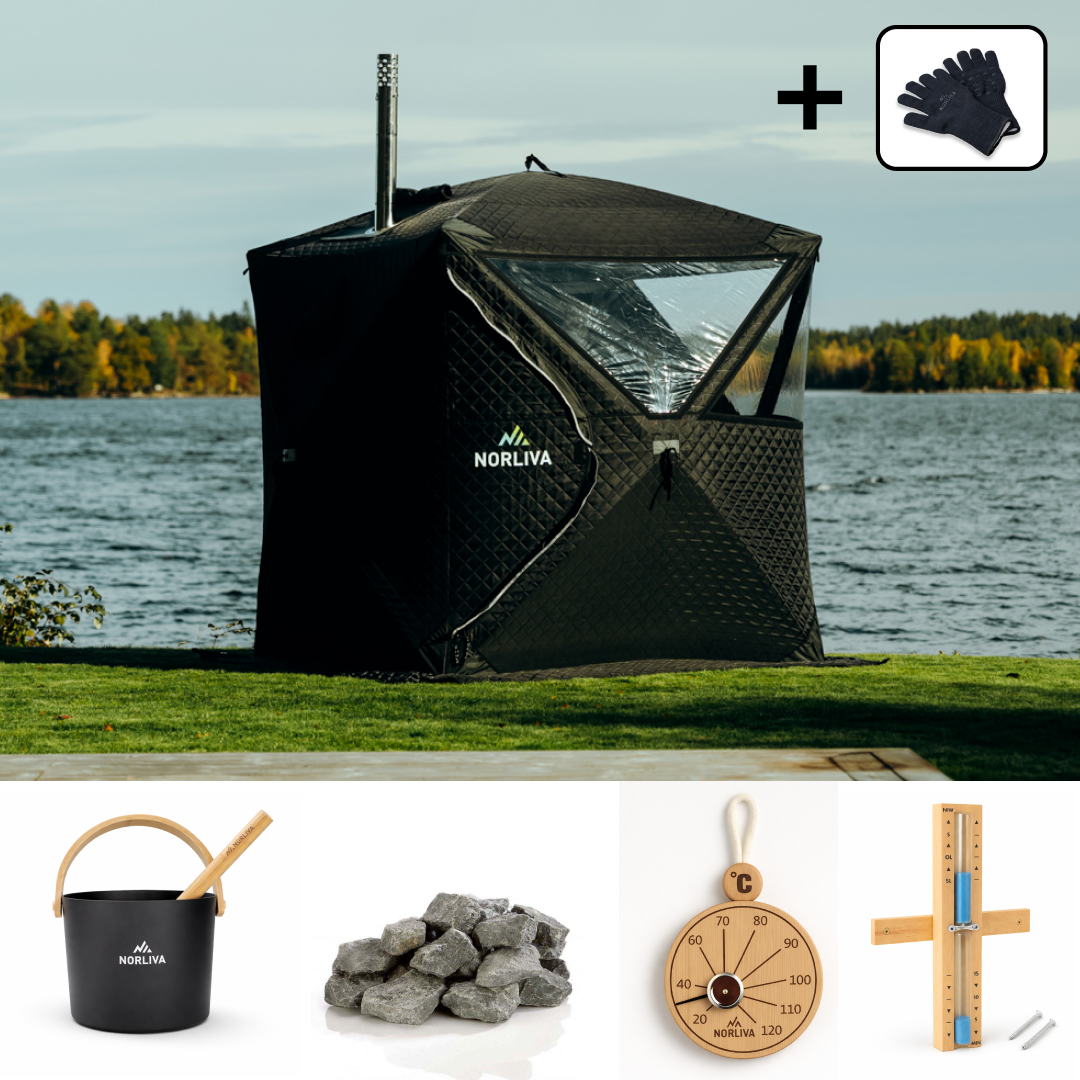 Set: Sauna tent Isen 2.0 + stove + sauna accessories