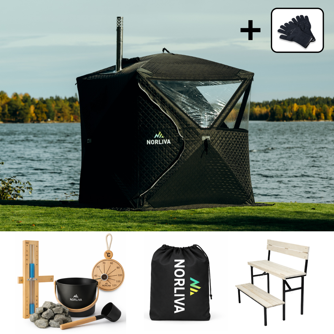 Set: Sauna tent Isen + stove + sauna accessories + rain cover