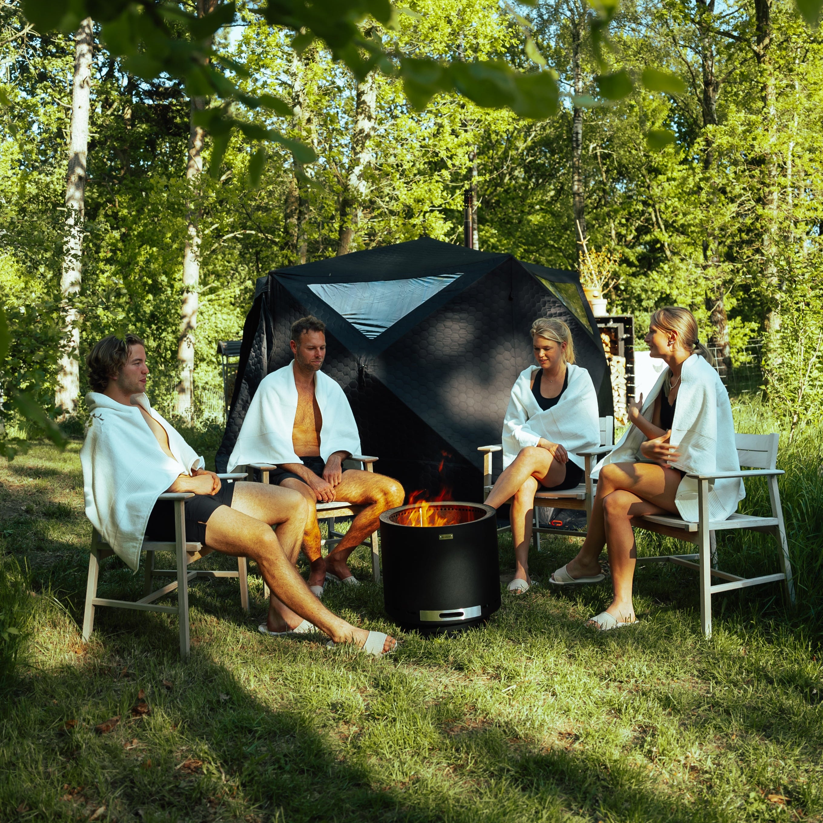 Set: Saunazelt Dalen 3.0 + Ofen + Sauna-Zubehör + Regenschutz + Bänke