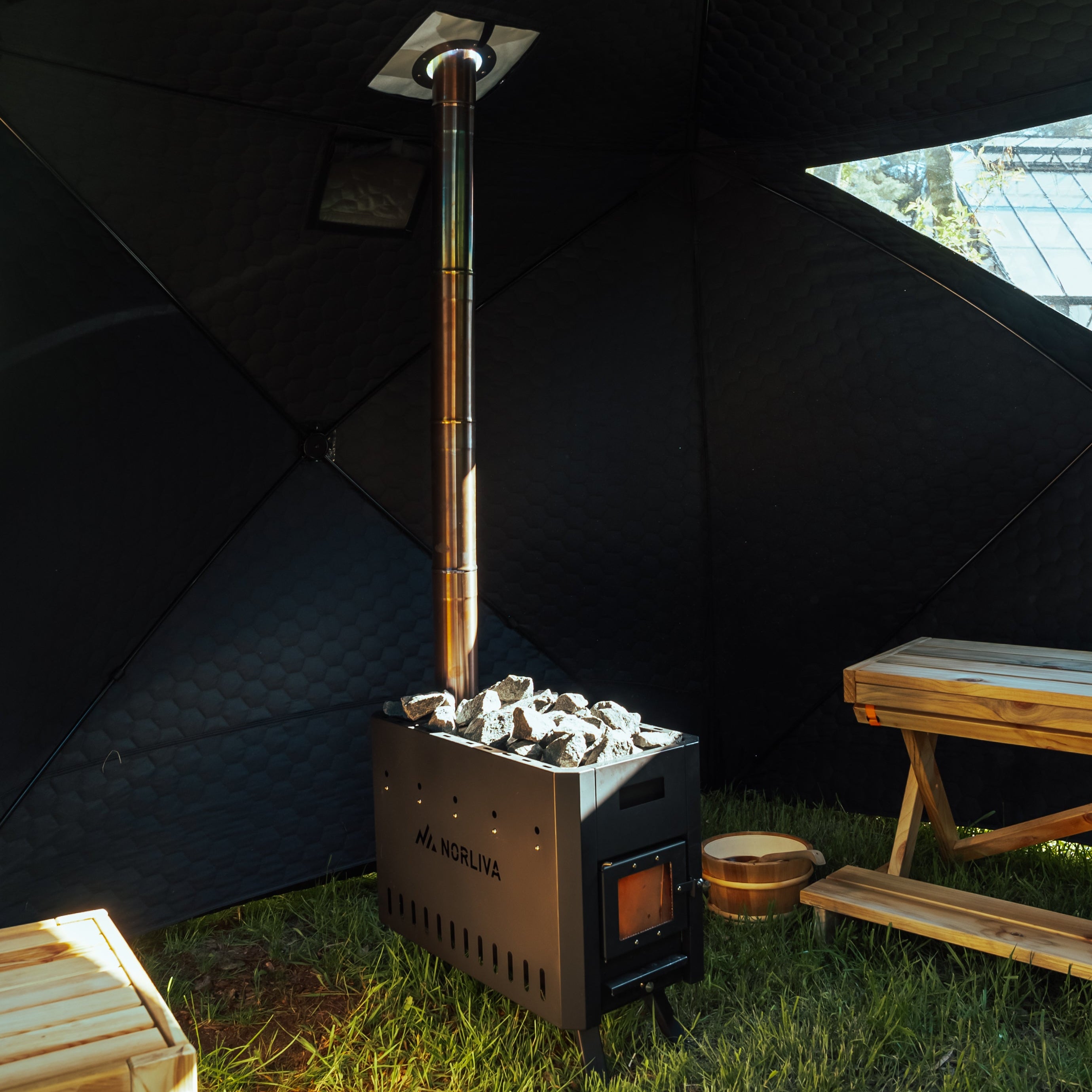 Set: Saunazelt Dalen 3.0 + Ofen + Sauna-Zubehör + Regenschutz + Bänke
