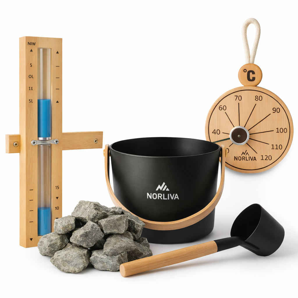 Sauna accessories: sauna stones, sauna bucket + ladle, thermometer, sauna hourglass
