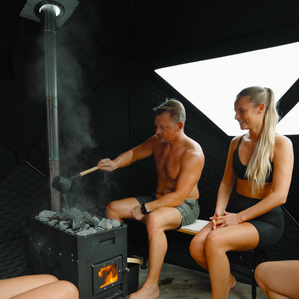 Set: Saunazelt Dalen 3.0 + Ofen + Sauna-Zubehör + Regenschutz + Bänke