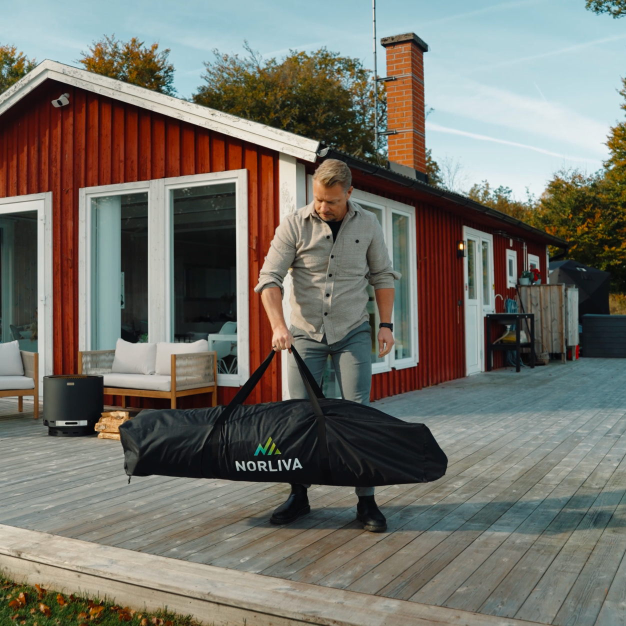 Set: Saunazelt Dalen 3.0 + Ofen + Sauna-Zubehör + Regenschutz + Bänke