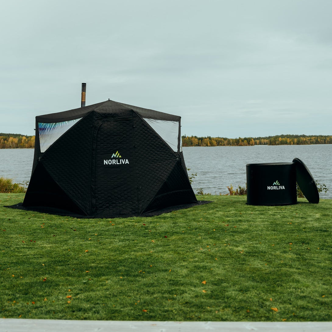 Set: Sauna tent Fjorden + stove + sauna accessories + ice tub
