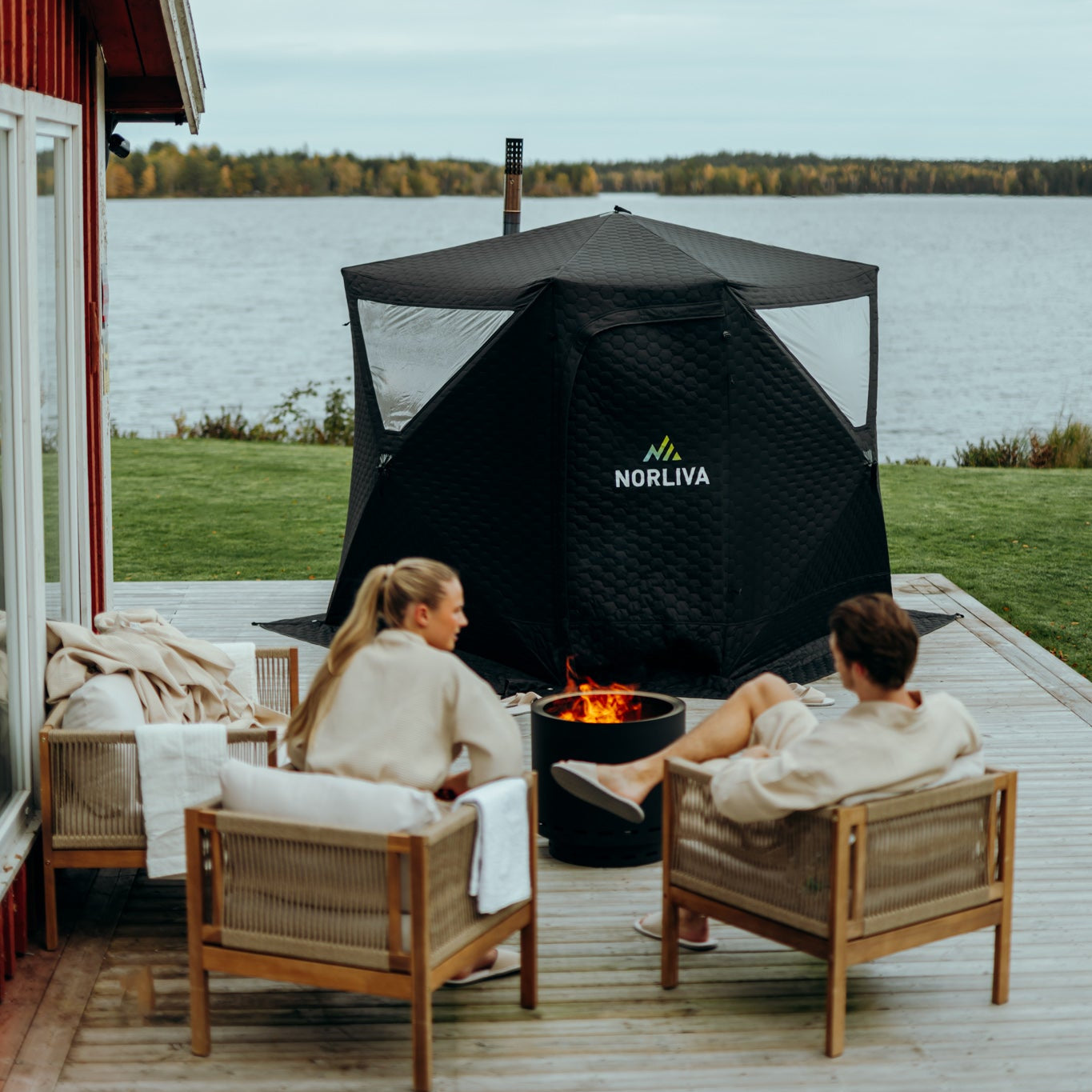 Set: Saunazelt Dalen 3.0 + Ofen + Sauna-Zubehör + Regenschutz + Bänke