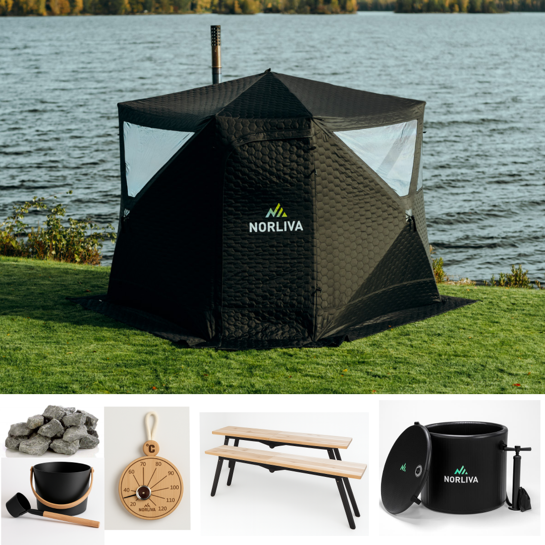 Set: sauna tent Dalen + stove + sauna accessories + ice tub