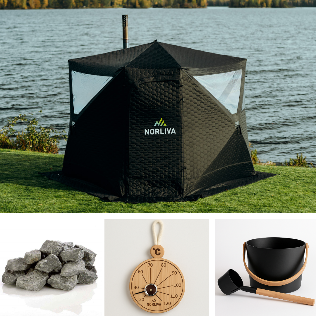 Set: Sauna tent Dalen + stove + sauna accessories