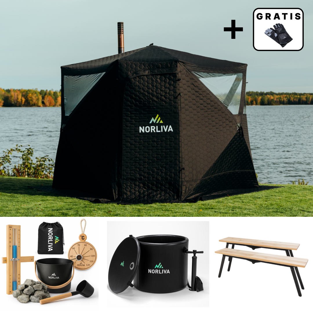 Set: Sauna Tent Dalen 3.0 + Stove + Sauna Accessories + Rain Protection + Benches + Ice Bath