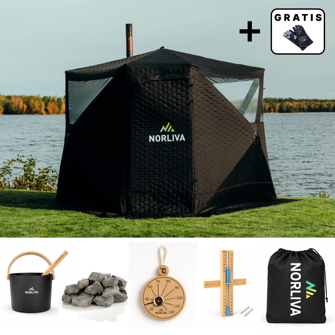 Set: Sauna Tent Dalen 3.0 + Stove + Sauna Accessories + Rain Protection
