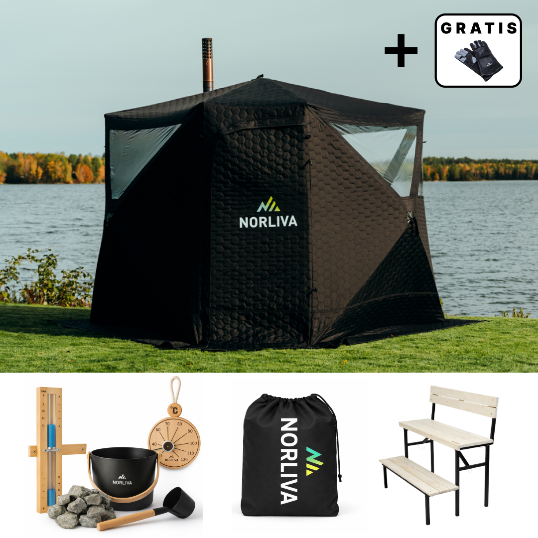 Set: Sauna Tent Dalen 3.0 + Stove + Sauna Accessories + Rain Protection + Two-Tier Bench