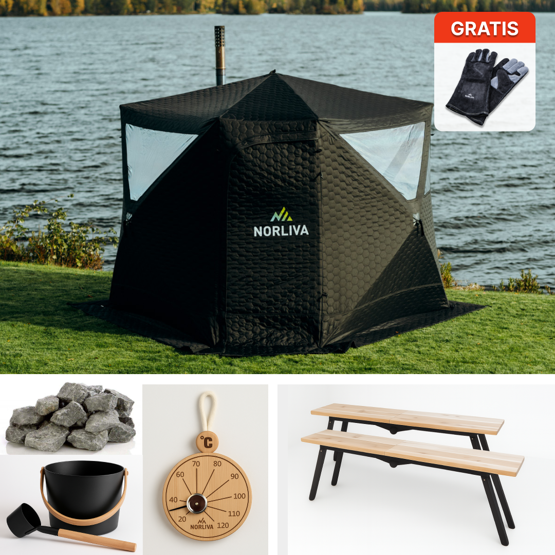 Set: Sauna tent Dalen + stove + benches + ice tub