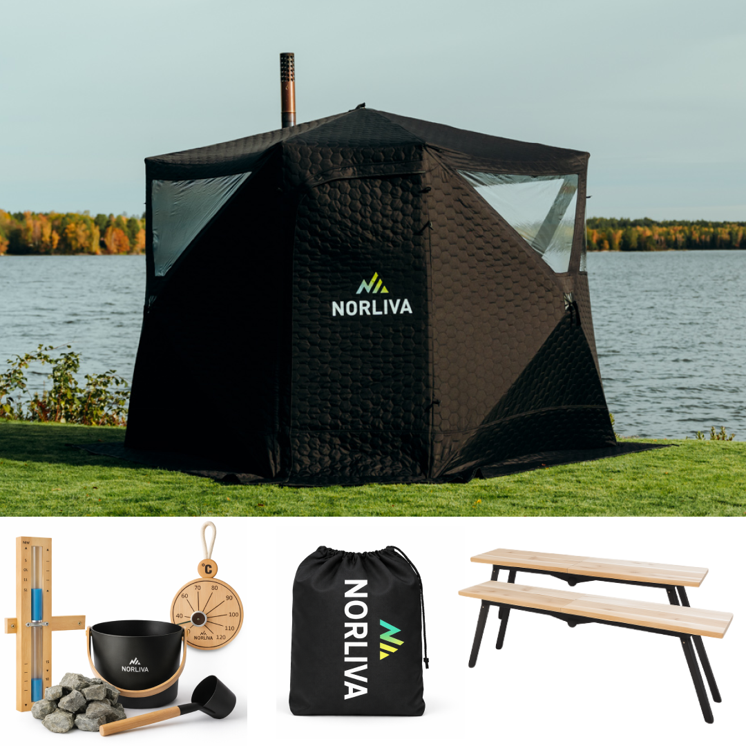 Set: Saunazelt Dalen 3.0 + Ofen + Sauna-Zubehör + Regenschutz + Bänke