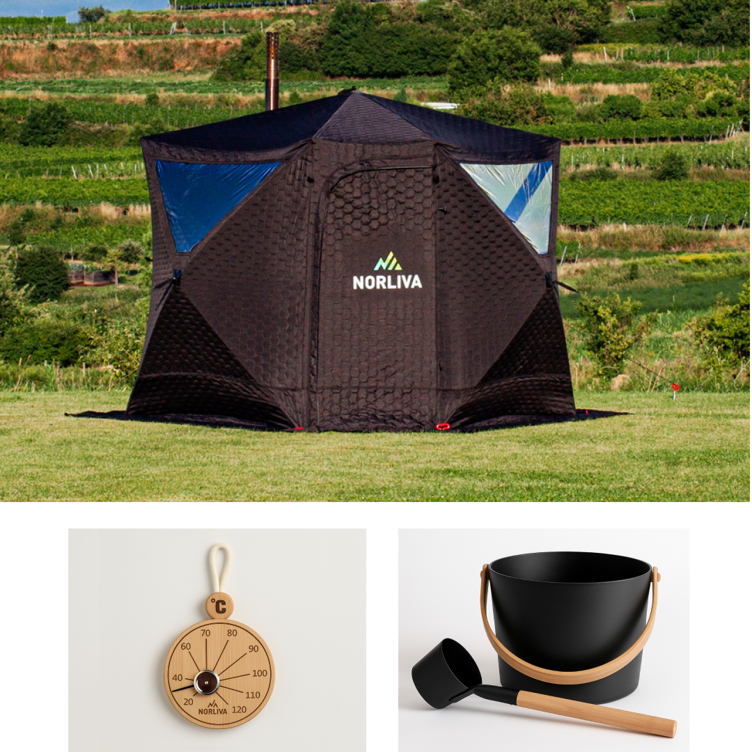 Set: Sauna tent Dalen + stove + sauna accessories