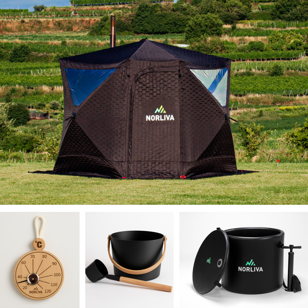 Set: sauna tent Dalen + stove + sauna accessories + ice tub