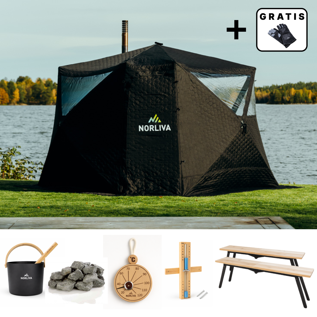 Set: Sauna tent Fjorden + Stove + Sauna accessories + Benches