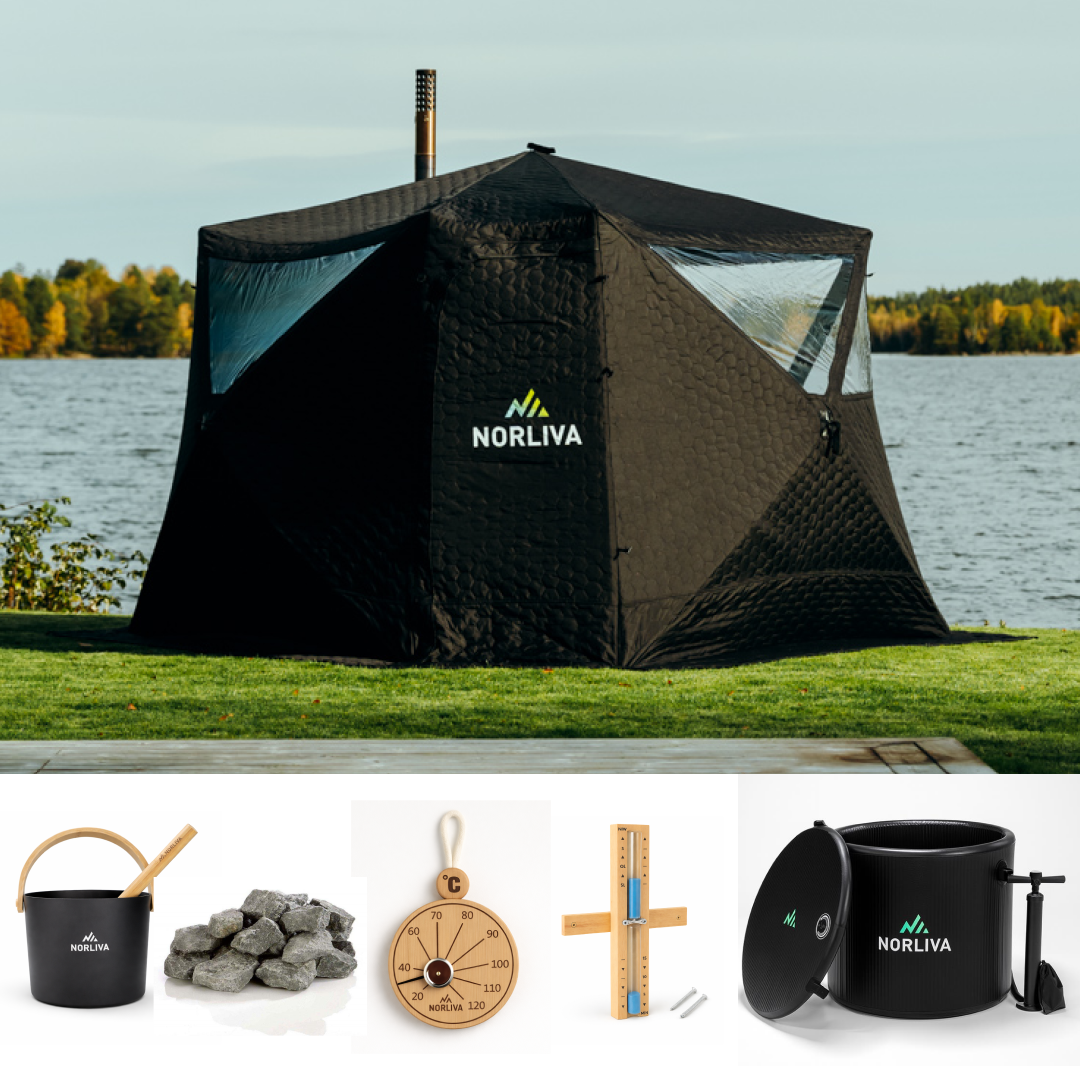 Set: Sauna tent Fjorden + stove + sauna accessories + ice tub