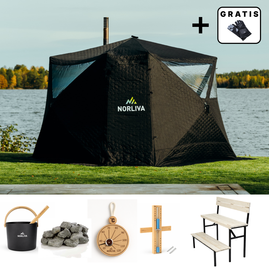 Set: Sauna Tent Fjorden + Stove + Sauna Accessories + Two-Tier Bench