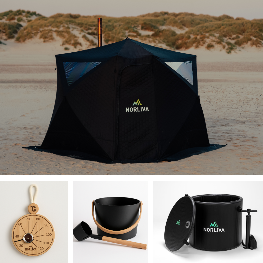 Set: Sauna Tent Fjorden + Stove + Sauna Accessories + Ice Tub