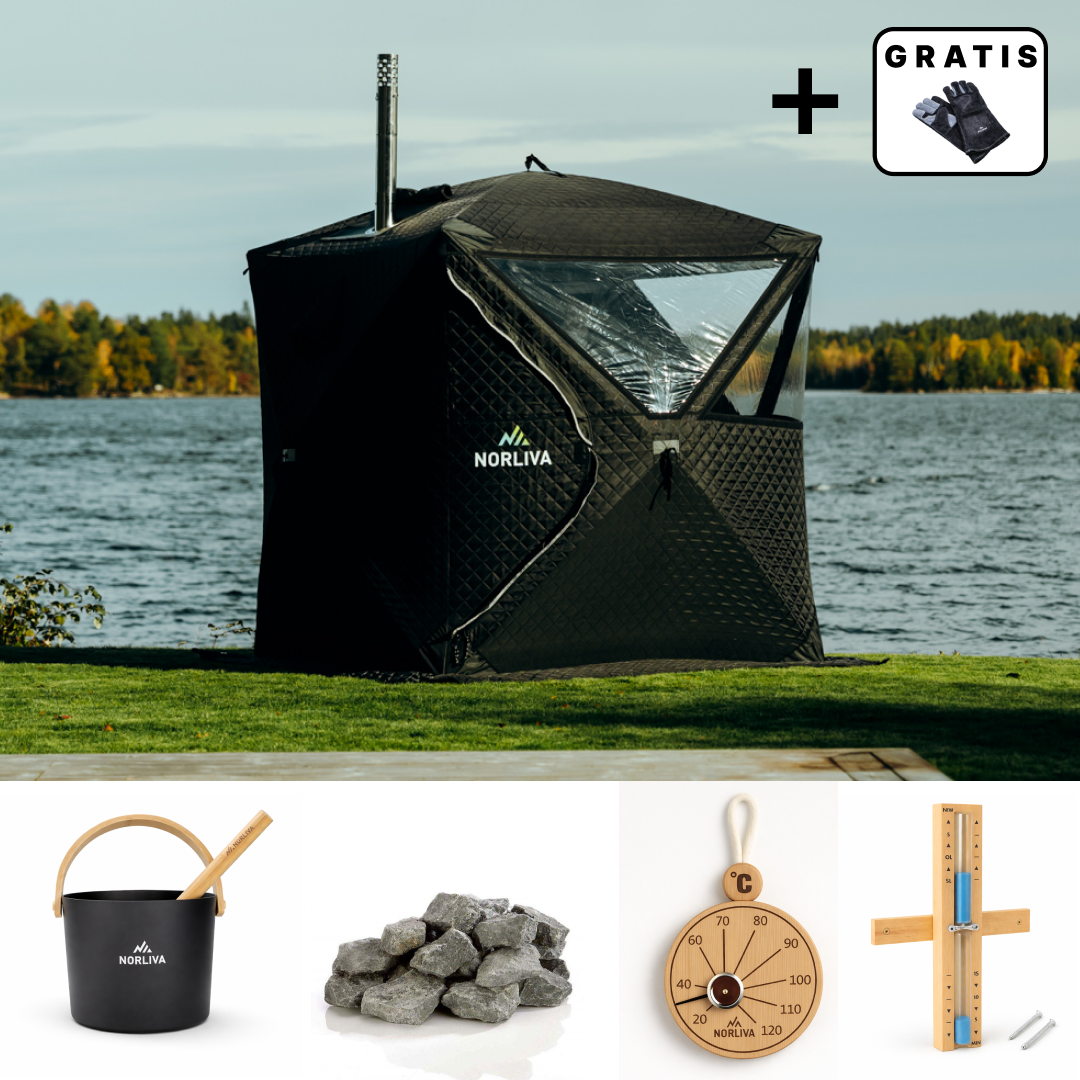 Set: Sauna tent Isen 2.0 + stove + sauna accessories
