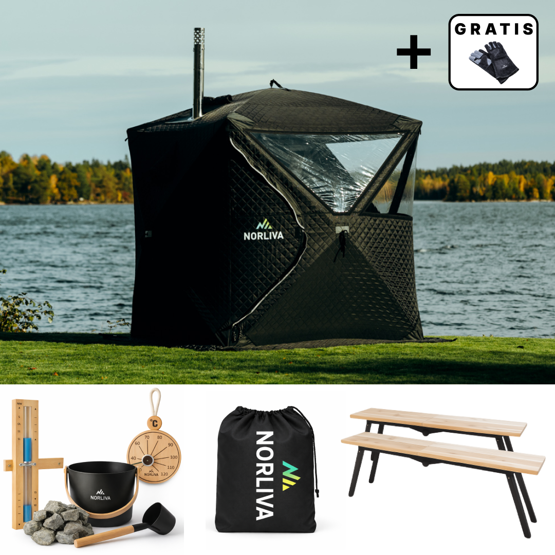 Set: Sauna tent Isen 2.0 + Stove + Sauna accessories + Rain protection + Benches