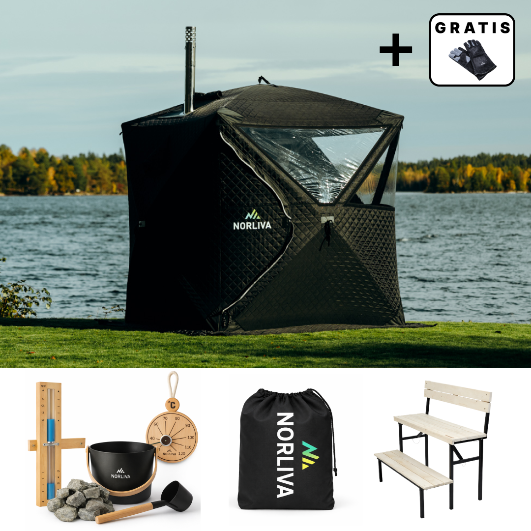 Set: Sauna Tent Isen 2.0 + Stove + Sauna Accessories + Rain Protection + Two-Tier Bench
