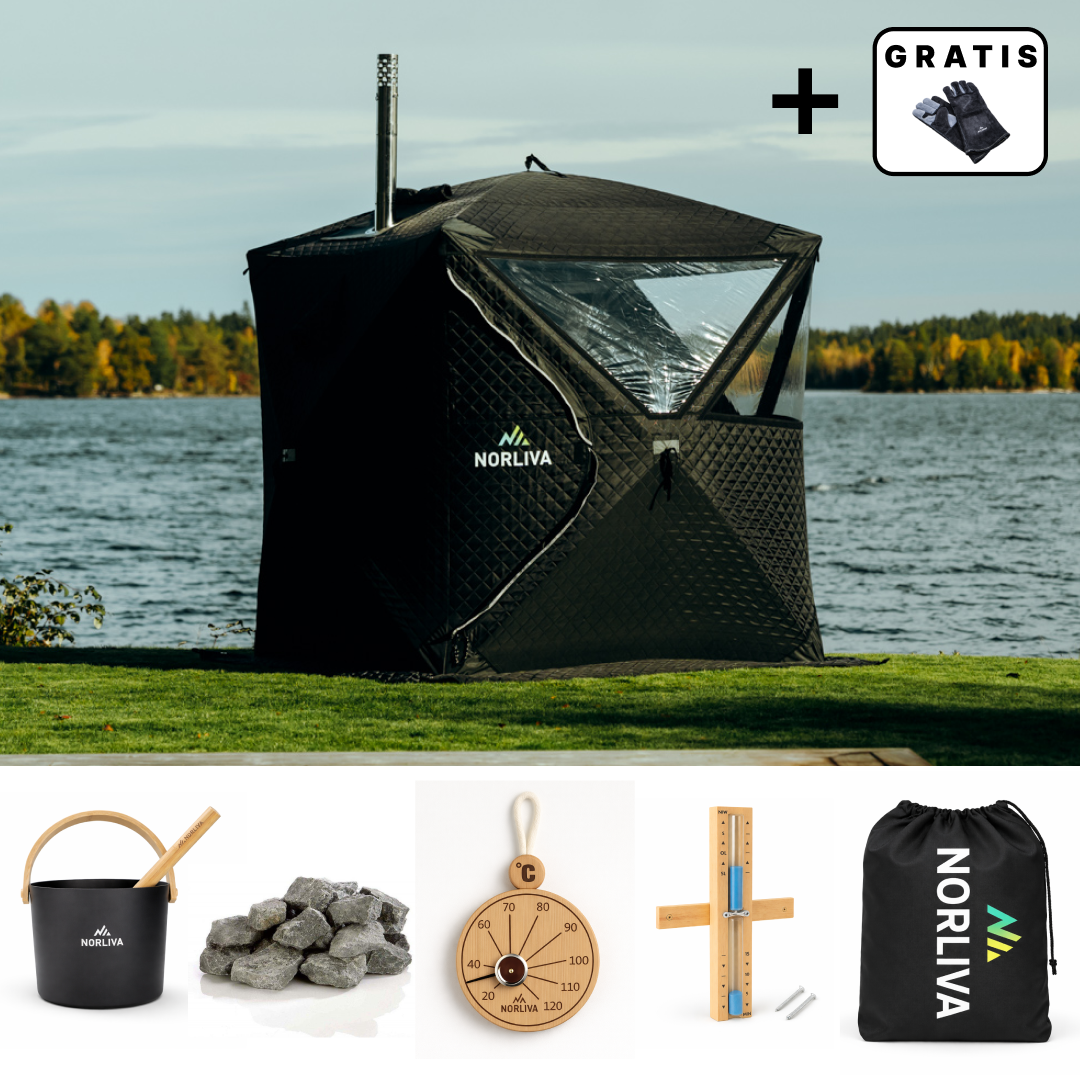 Set: Sauna tent Isen 2.0 + stove + sauna accessories + rain cover