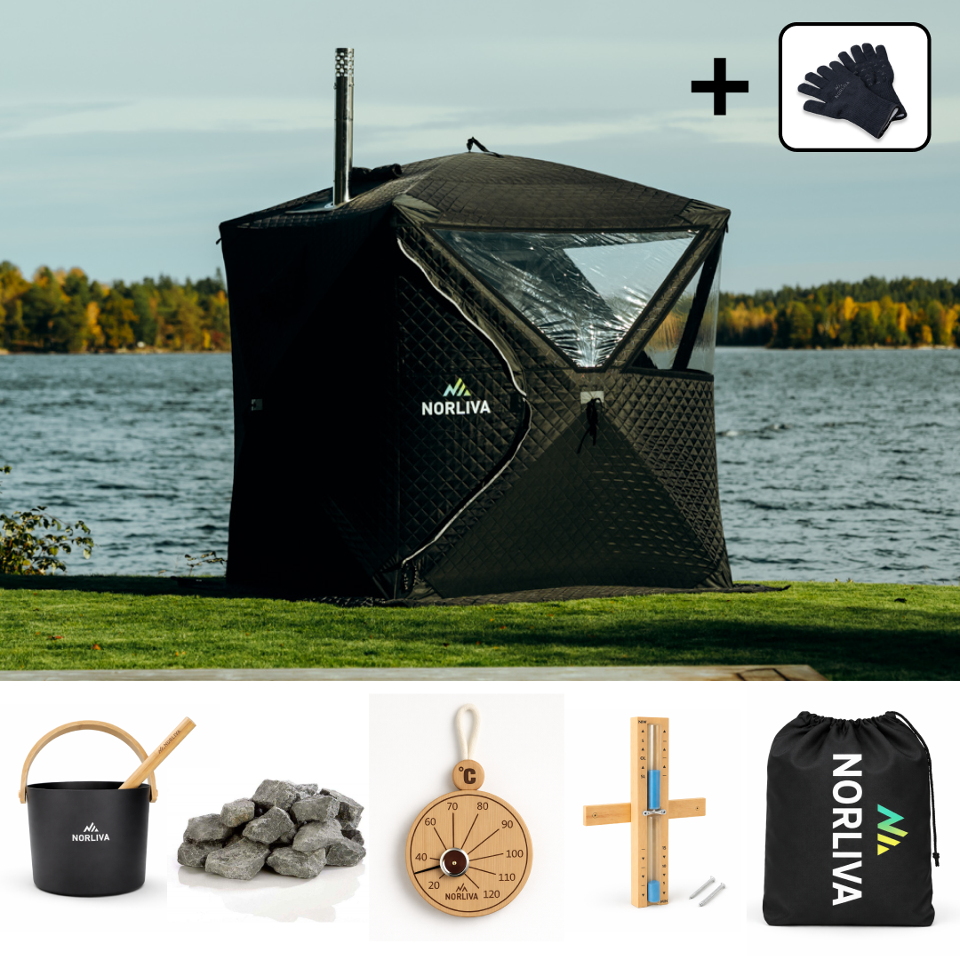 Set: Sauna tent Isen 2.0 + stove + sauna accessories + rain cover