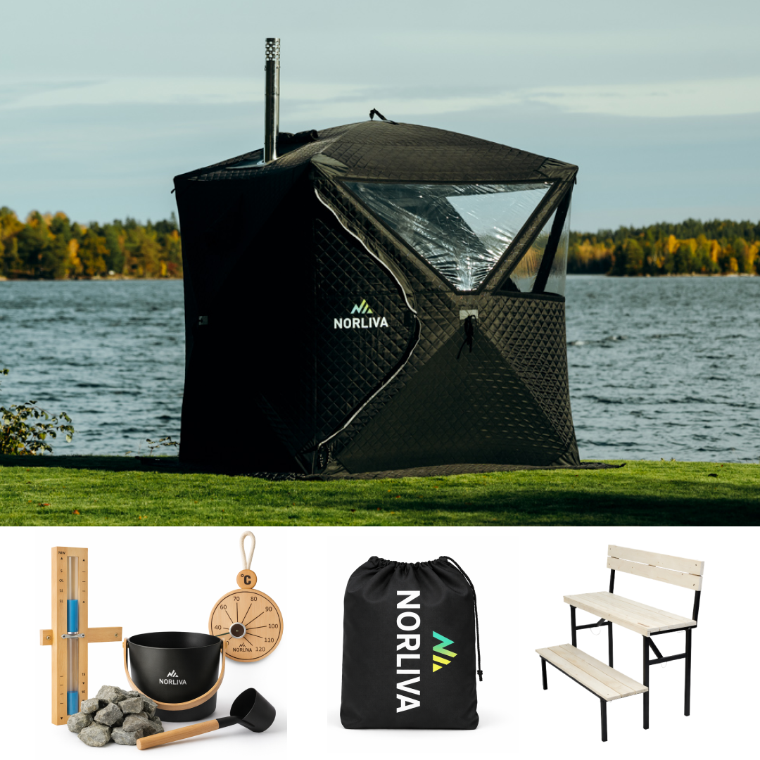 Set: Sauna tent Isen + stove + sauna accessories + rain cover