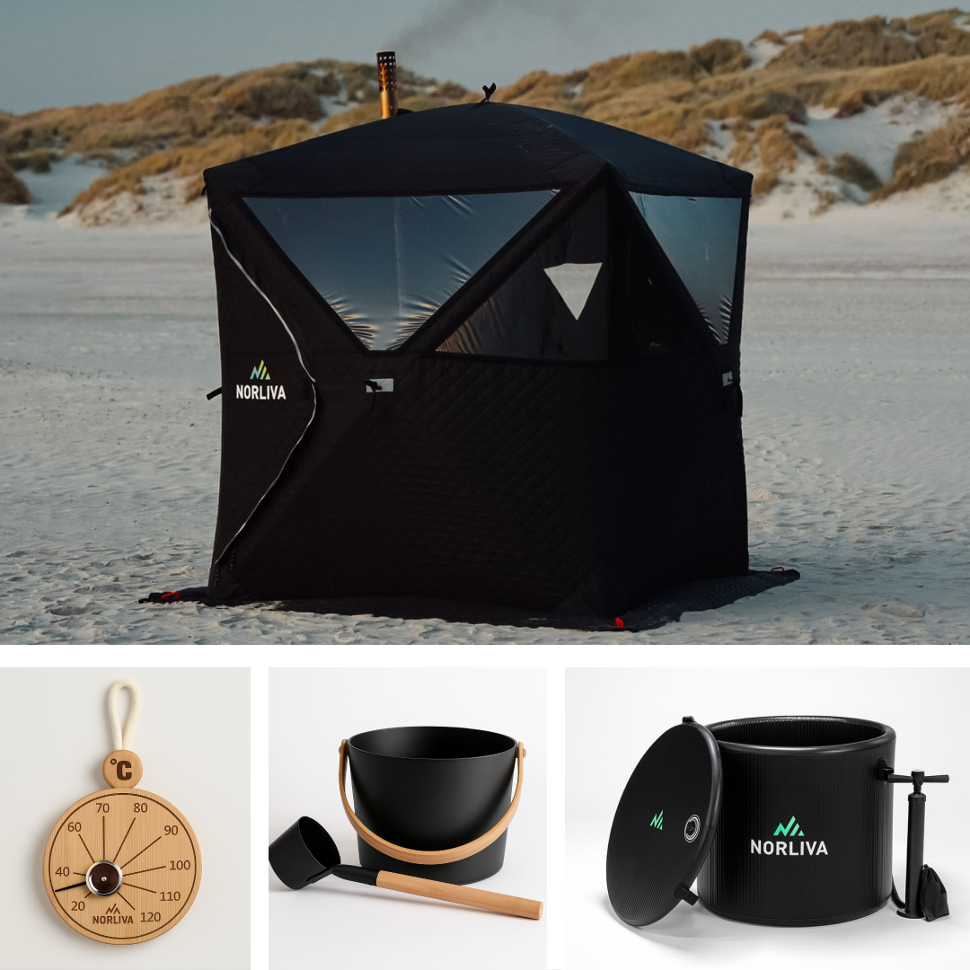 Set: Sauna tent Isen + stove + sauna accessories + ice tub