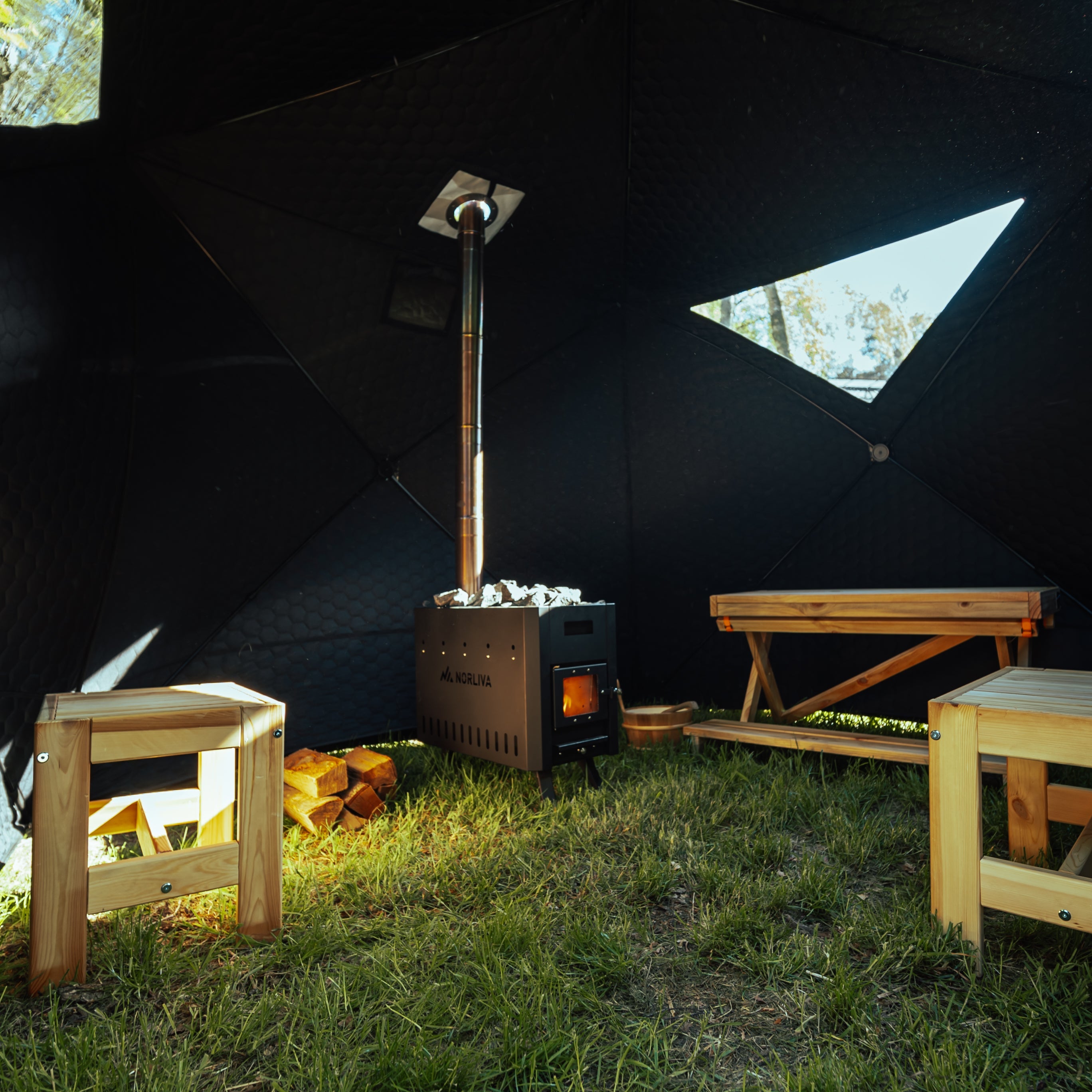 Mobile Fjorden sauna tent with sauna heater